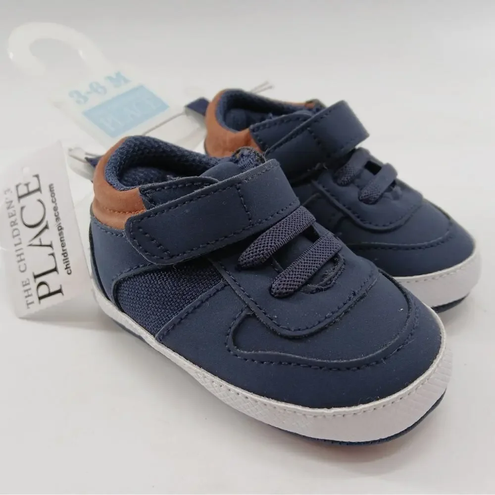 The Children's Place Faux Leather High Top Crib Shoes Baby Boys Navy Blue 3-6M